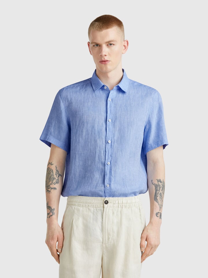 Benetton Short Sleeve Shirt In Pure Linen Light Blue