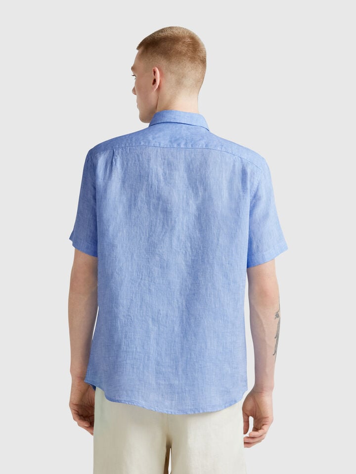Benetton Short Sleeve Shirt In Pure Linen Light Blue