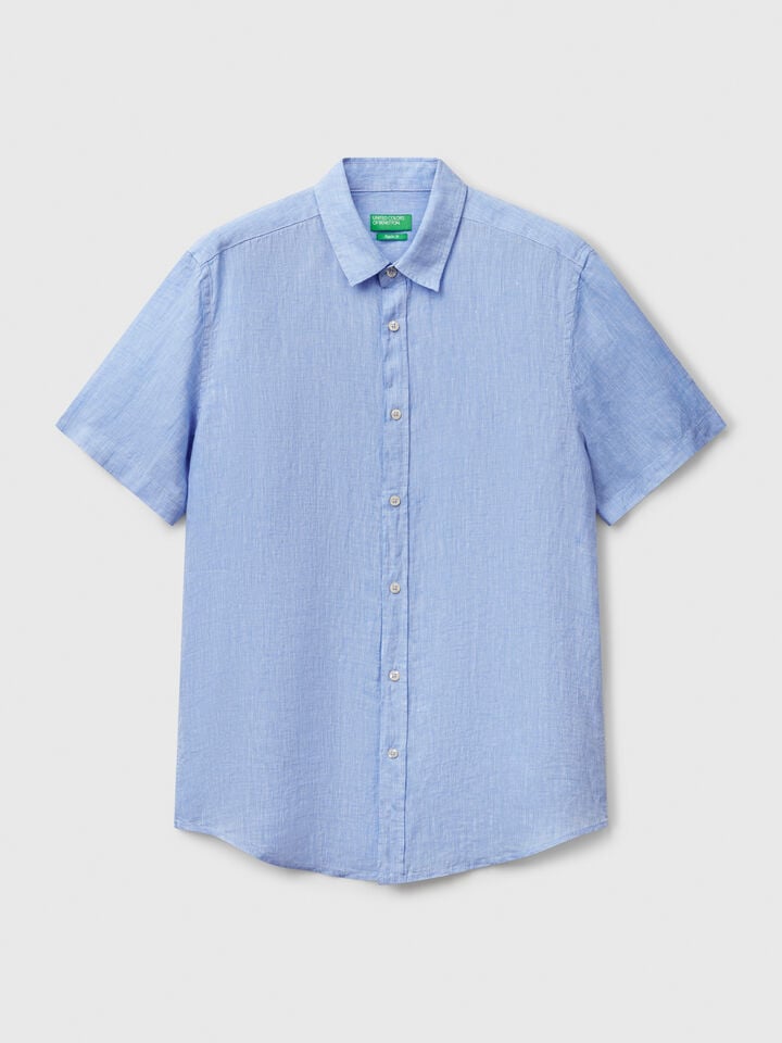 Benetton Short Sleeve Shirt In Pure Linen Light Blue