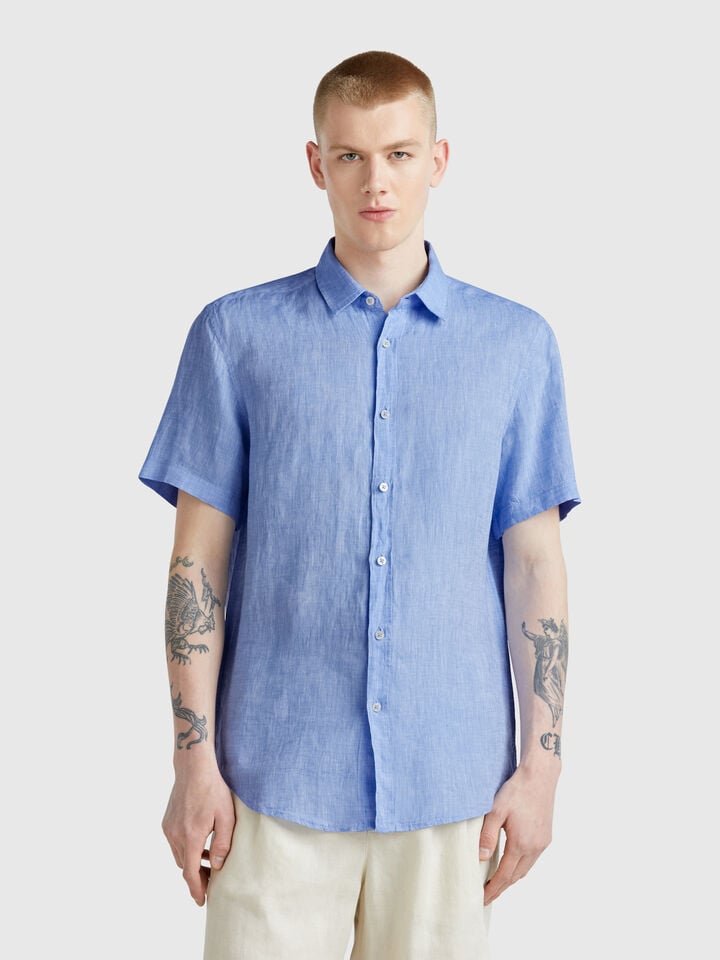 benetton Short sleeve shirt in pure linen Light Blue