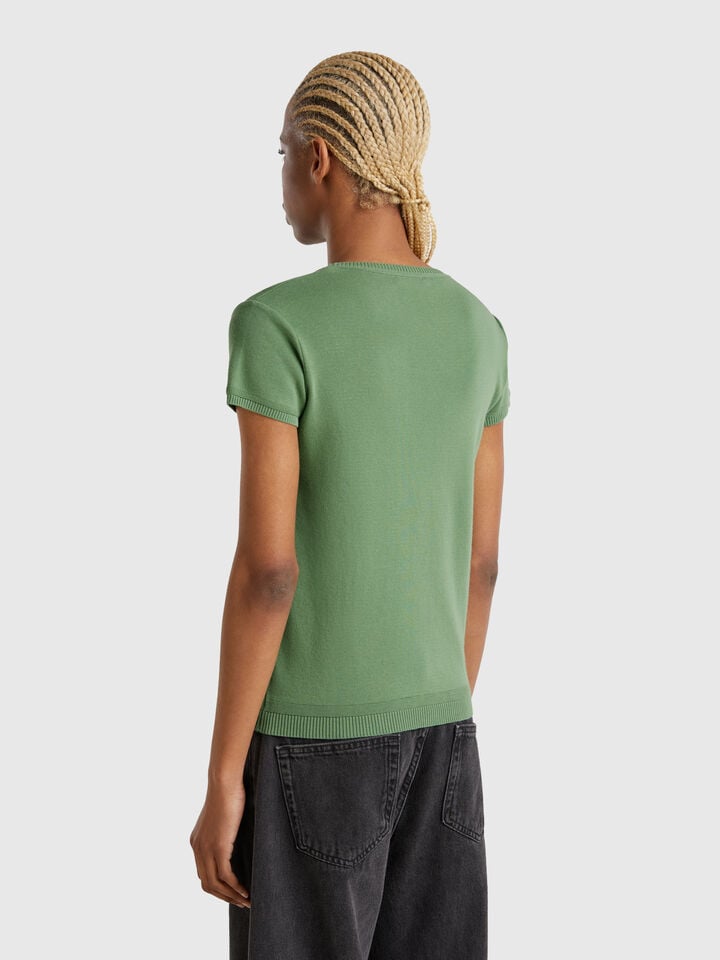 Benetton Short Sleeve Sweater In 100% Cotton Dark Green