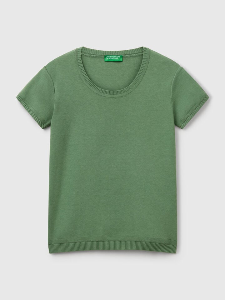 Benetton Short Sleeve Sweater In 100% Cotton Dark Green