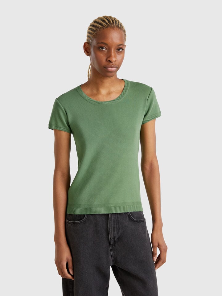 benetton Short sleeve sweater in 100% cotton Dark Green