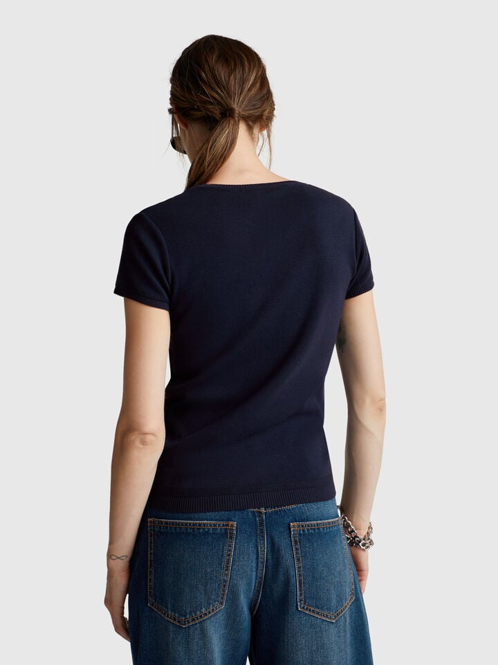 Benetton Short Sleeve Sweater In Pure Cotton Dark Blue
