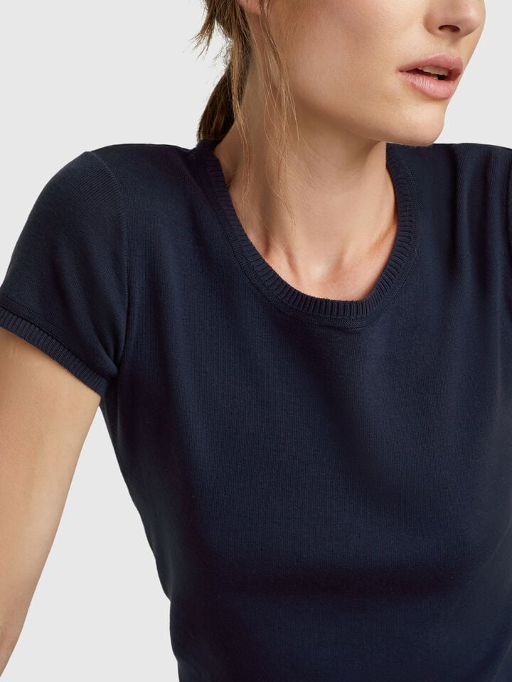 Benetton Short Sleeve Sweater In Pure Cotton Dark Blue