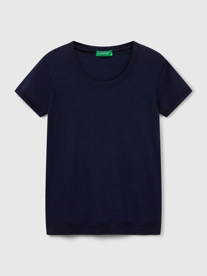 Benetton Short Sleeve Sweater In Pure Cotton Dark Blue