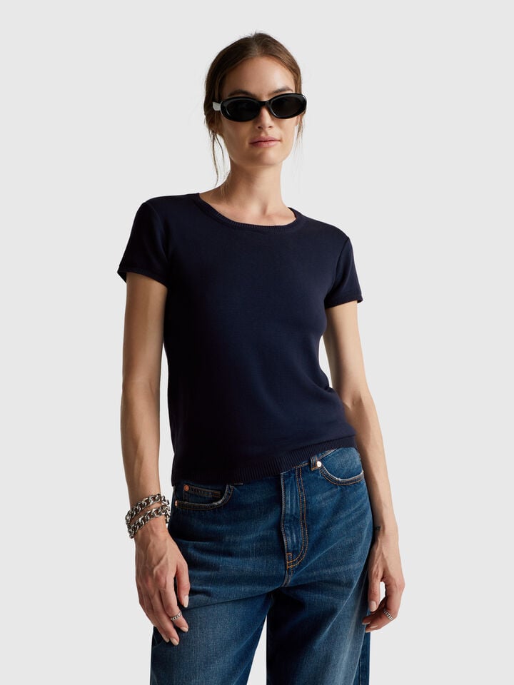 benetton Short sleeve sweater in pure cotton Dark Blue