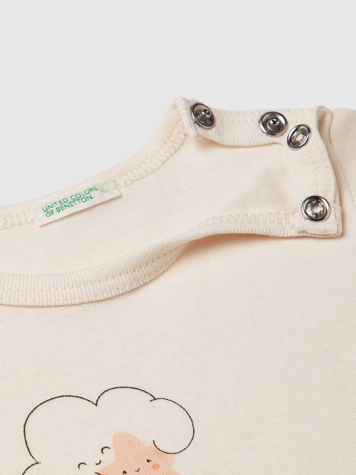 Benetton Short Sleeve T-shirt In Cotton Creamy White