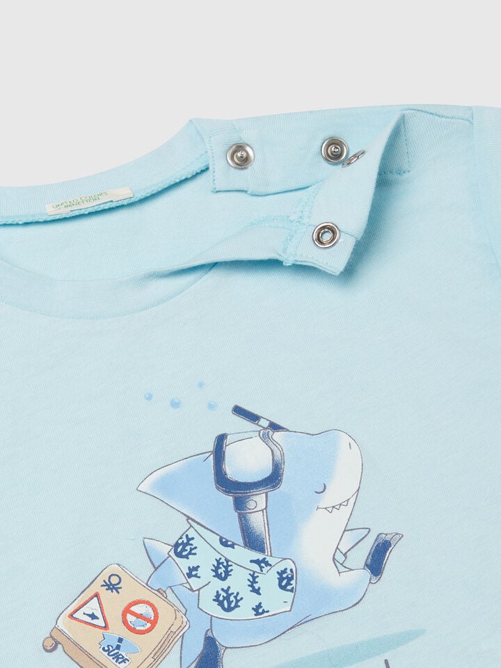Benetton Short Sleeve T-shirt With Print Light Blue