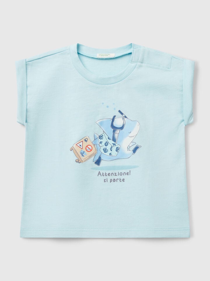 Benetton Short Sleeve T-shirt With Print Light Blue