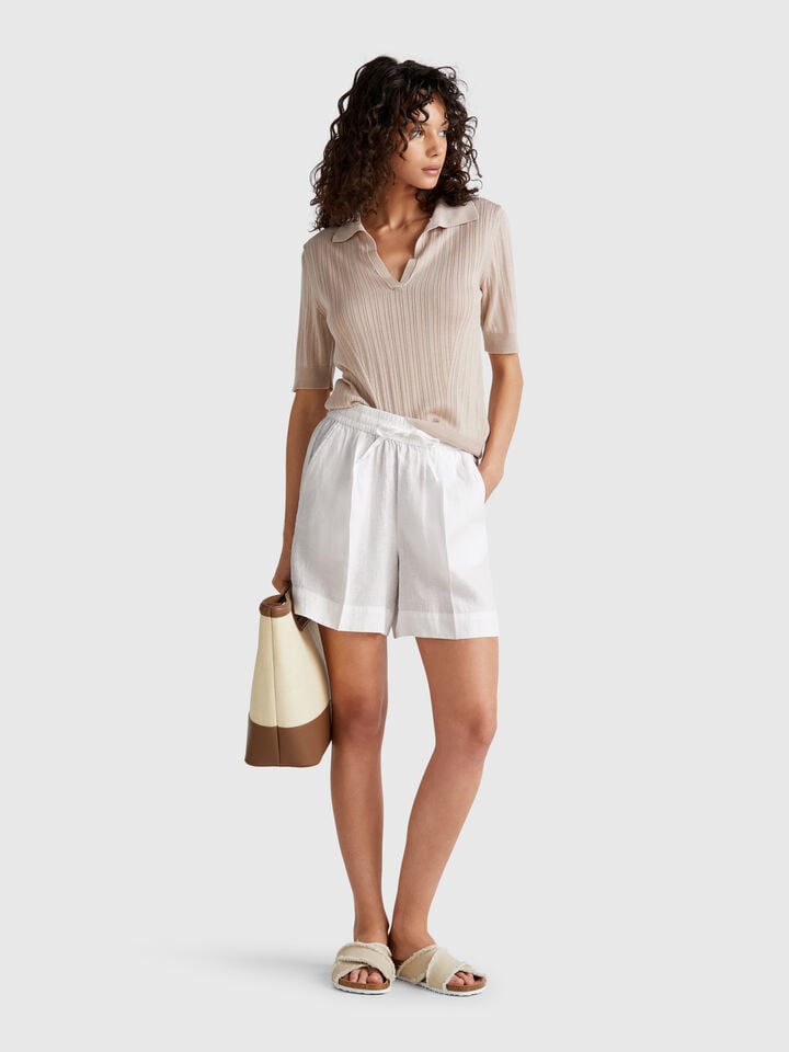 Benetton Shorts With Drawstring In Pure Linen White