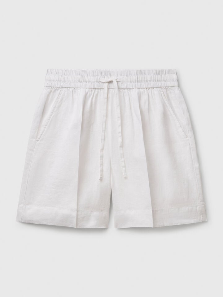 Benetton Shorts With Drawstring In Pure Linen White