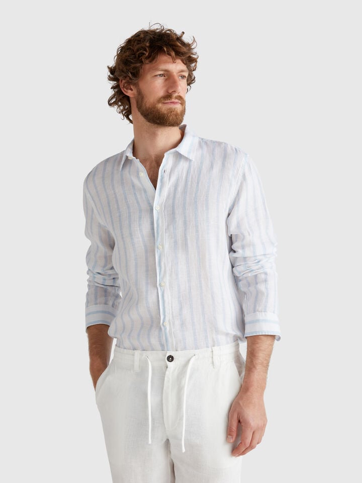 Benetton Sky Blue And White Striped Shirt In Pure Linen Light Blue