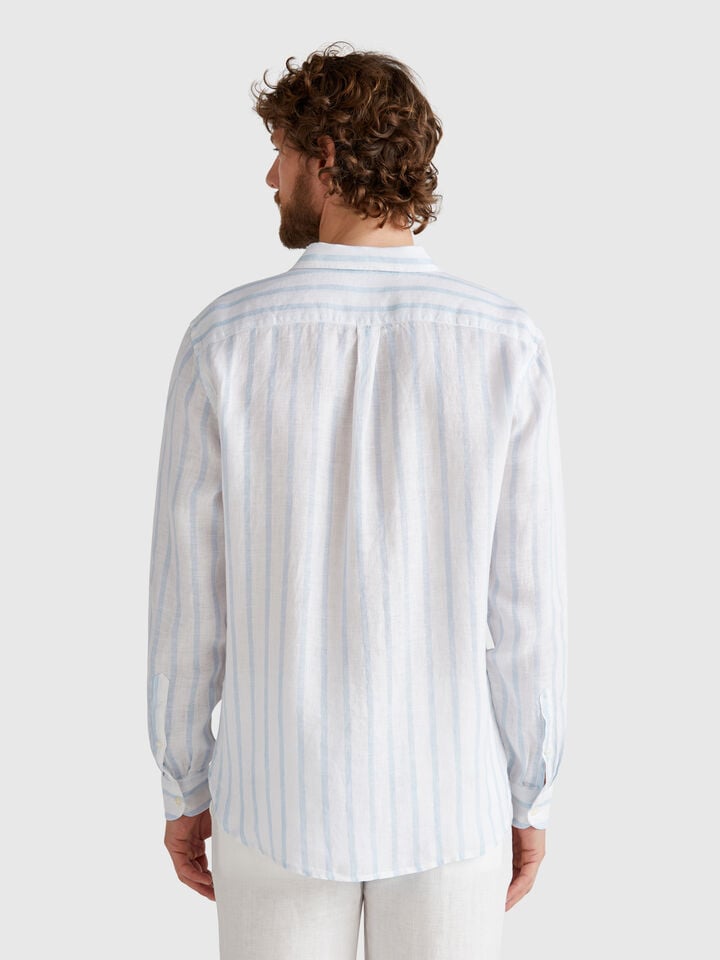 Benetton Sky Blue And White Striped Shirt In Pure Linen Light Blue