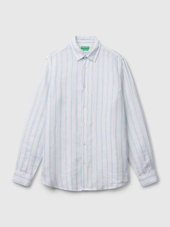 Benetton Sky Blue And White Striped Shirt In Pure Linen Light Blue