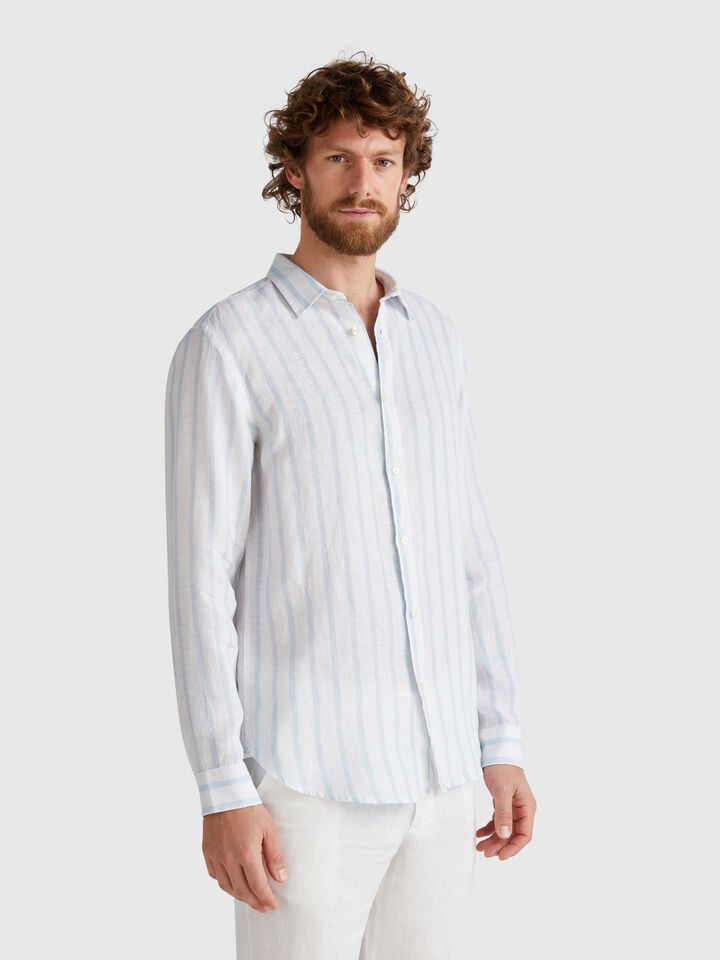 benetton Sky blue and white striped shirt in pure linen Light Blue