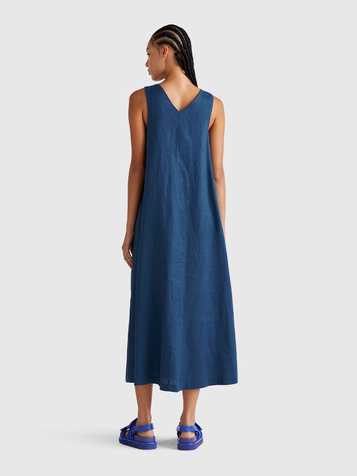 Benetton Sleeveless Dress In Pure Linen Air Force Blue