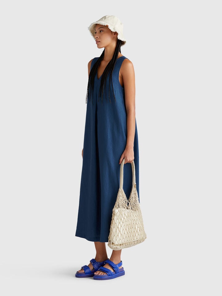 Benetton Sleeveless Dress In Pure Linen Air Force Blue