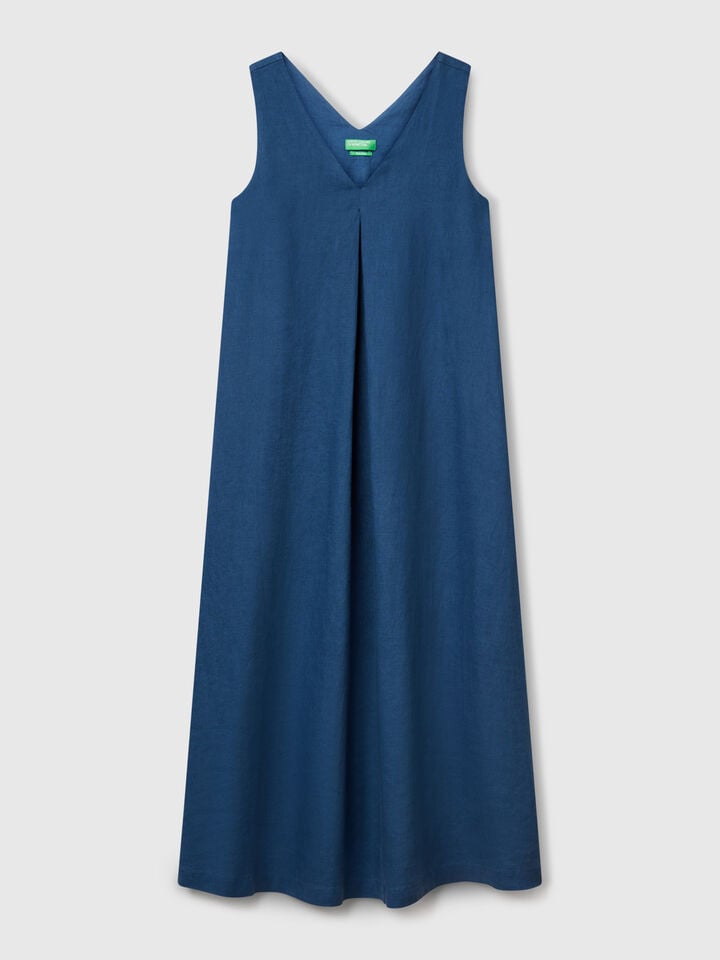 Benetton Sleeveless Dress In Pure Linen Air Force Blue