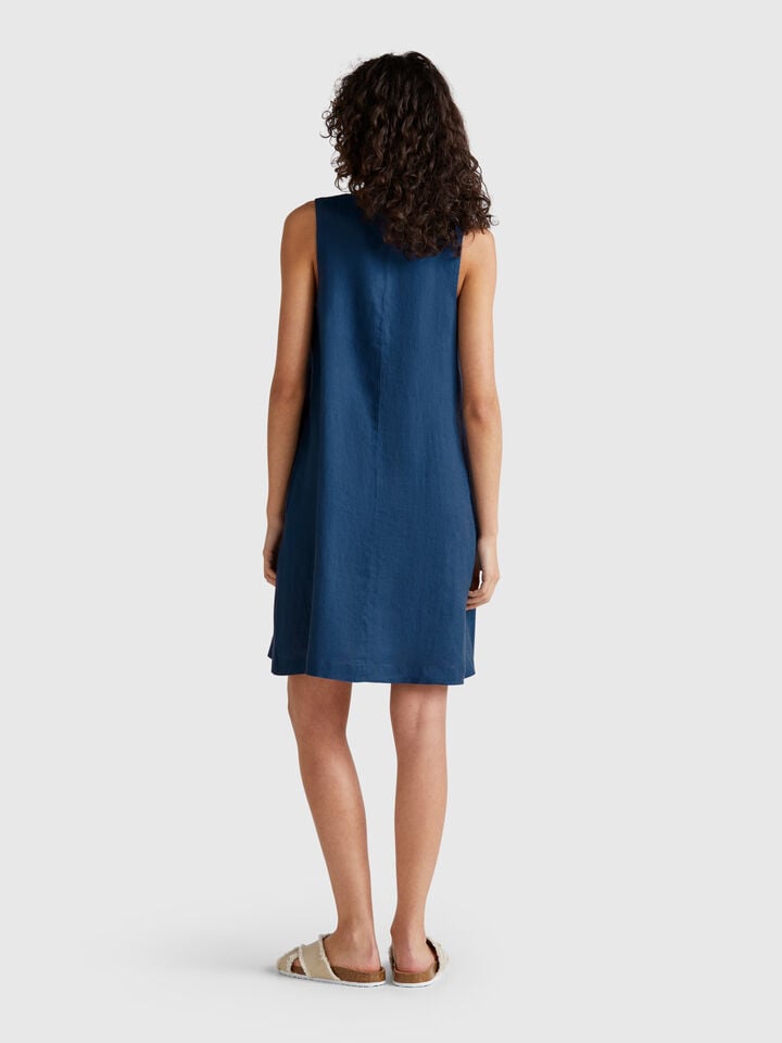 Benetton Sleeveless Dress In Pure Linen Air Force Blue