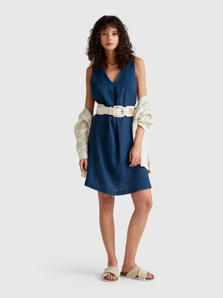 Benetton Sleeveless Dress In Pure Linen Air Force Blue