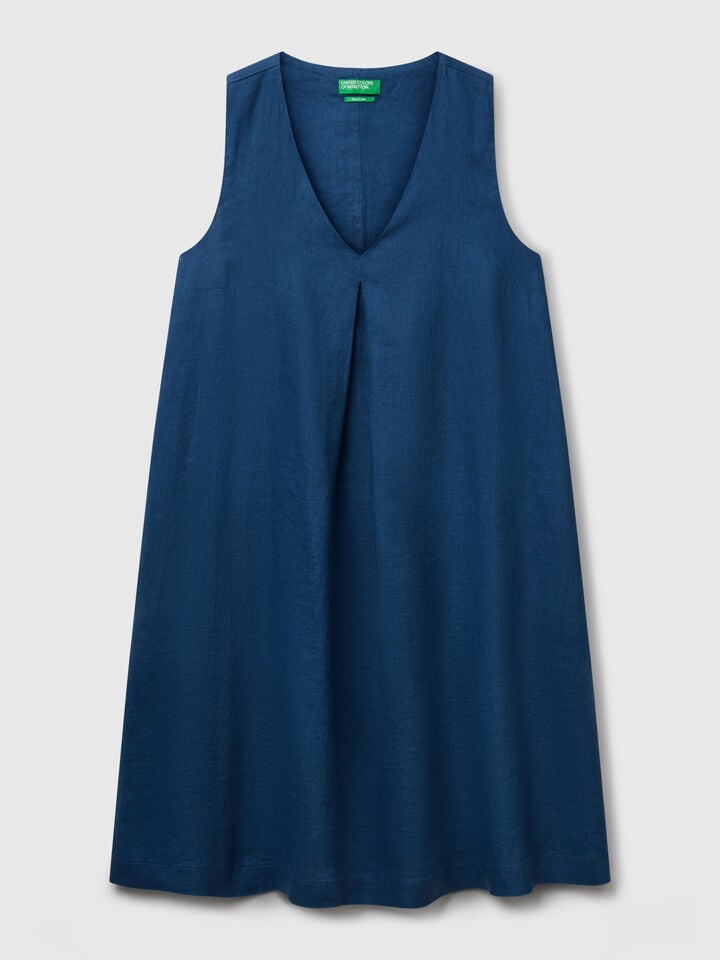 Benetton Sleeveless Dress In Pure Linen Air Force Blue
