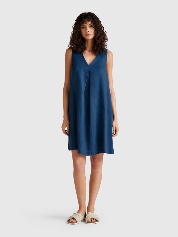 benetton Sleeveless dress in pure linen Air Force Blue