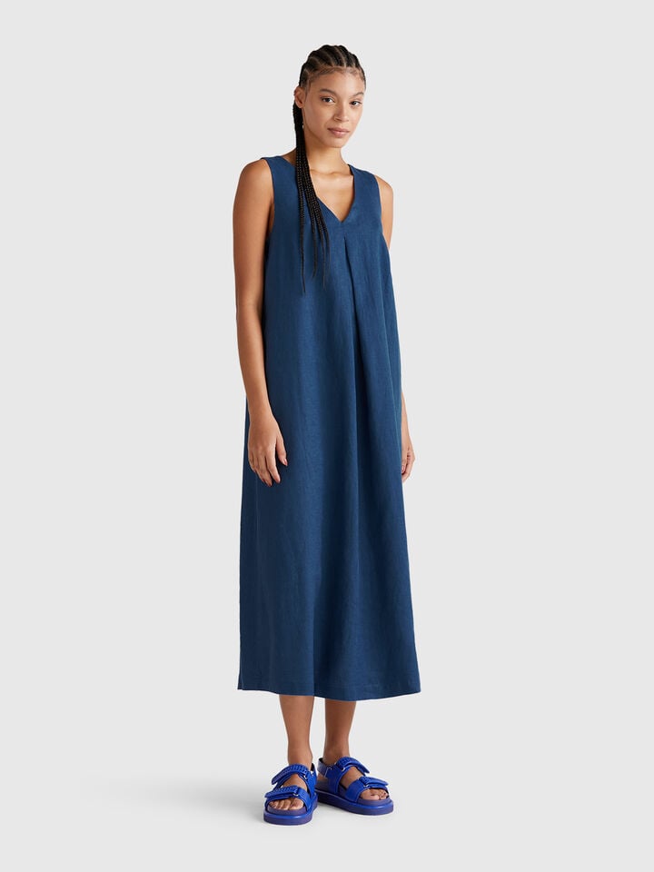 benetton Sleeveless dress in pure linen Air Force Blue