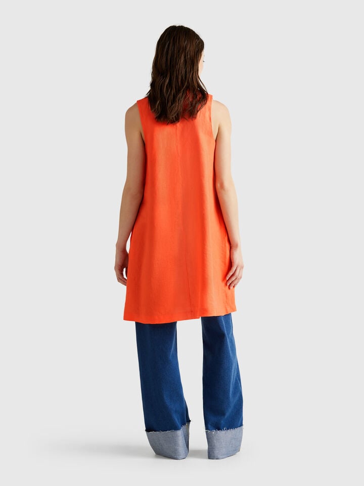 Benetton Sleeveless Dress In Pure Linen Orange Coral
