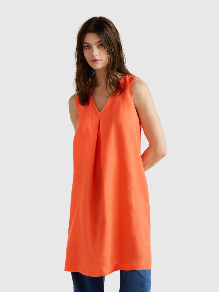 Benetton Sleeveless Dress In Pure Linen Orange Coral