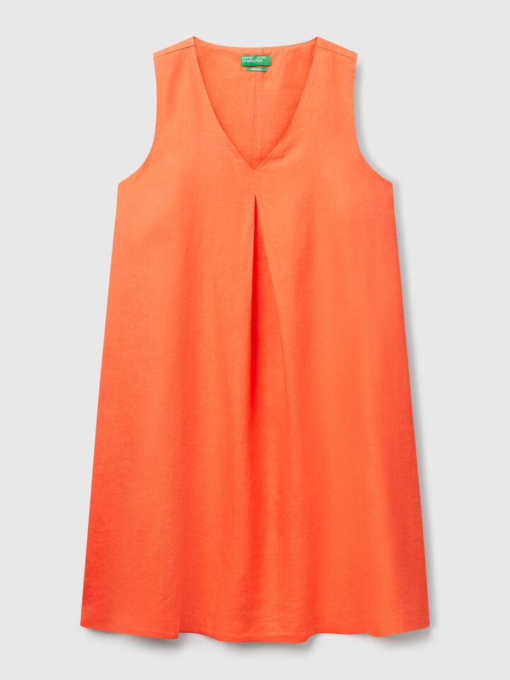 Benetton Sleeveless Dress In Pure Linen Orange Coral