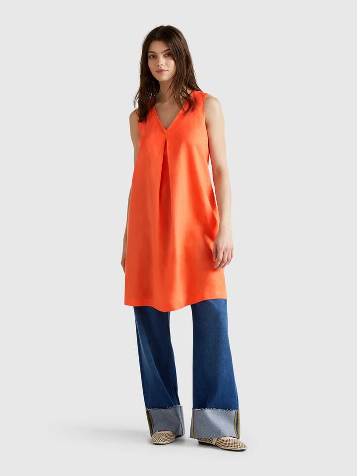 benetton Sleeveless dress in pure linen Orange Coral