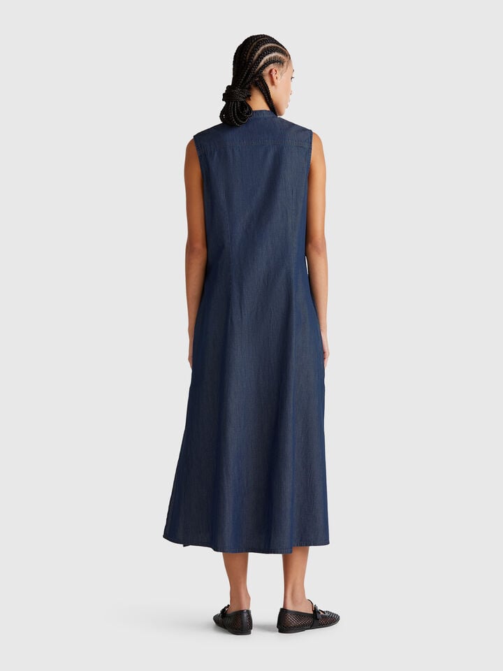 Benetton Sleeveless Shirt Dress In Chambray Dark Blue