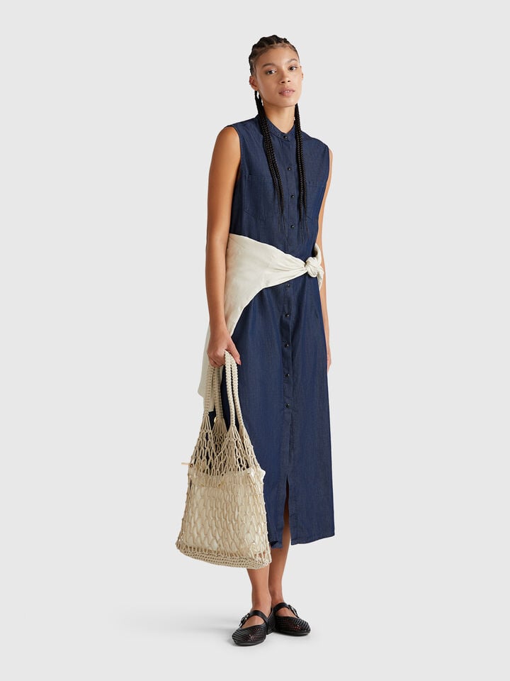 Benetton Sleeveless Shirt Dress In Chambray Dark Blue