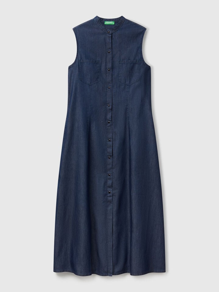 Benetton Sleeveless Shirt Dress In Chambray Dark Blue