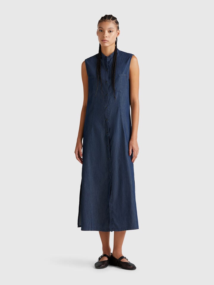 benetton Sleeveless shirt dress in chambray Dark Blue