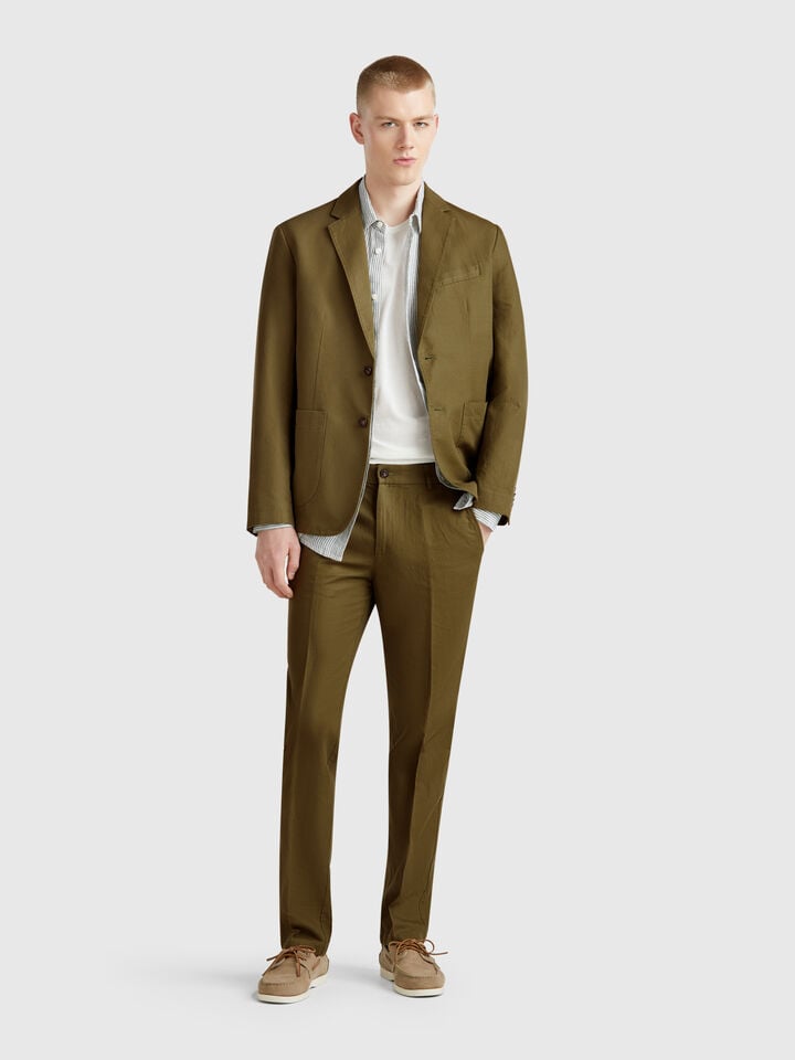 Benetton Slim Fit Blazer In Linen Blend Military Green