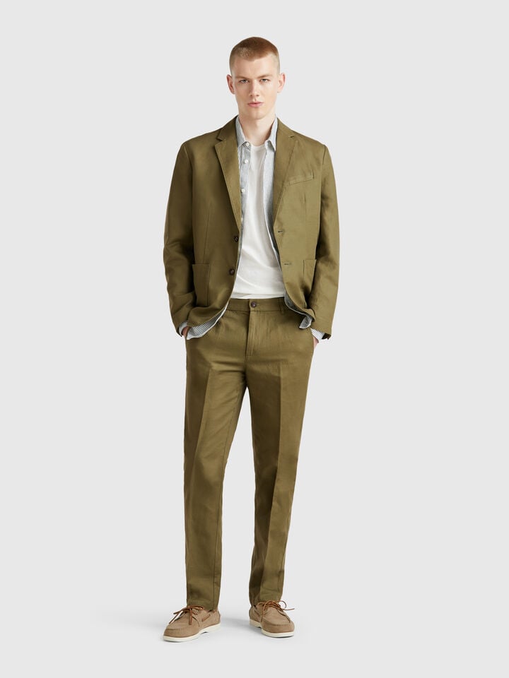 Benetton Slim Fit Chinos In Linen Blend Military Green