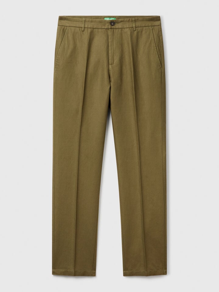 Benetton Slim Fit Chinos In Linen Blend Military Green