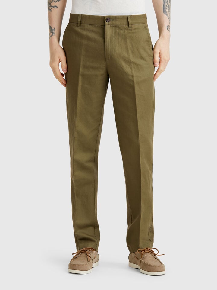 Benetton Slim Fit Chinos In Linen Blend Military Green