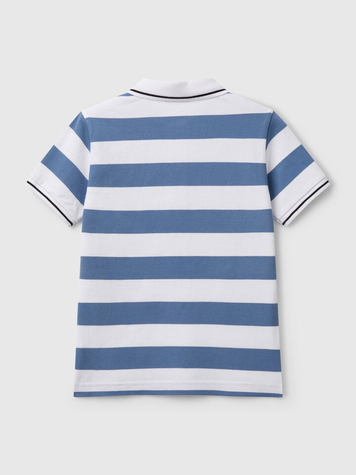 Benetton Striped Short Sleeve Polo Shirt Light Blue