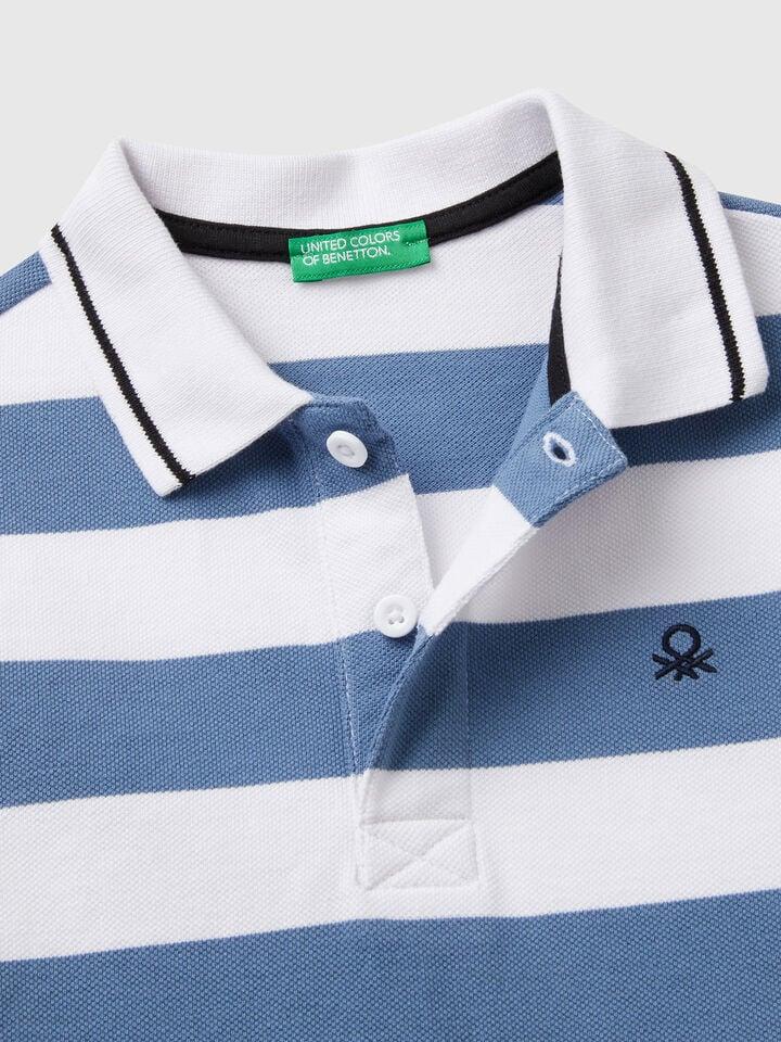 Benetton Striped Short Sleeve Polo Shirt Light Blue