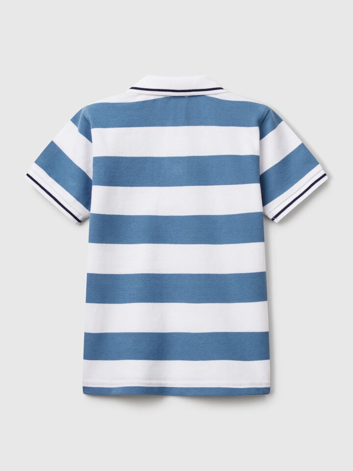 Benetton Striped Short Sleeve Polo Shirt Light Blue
