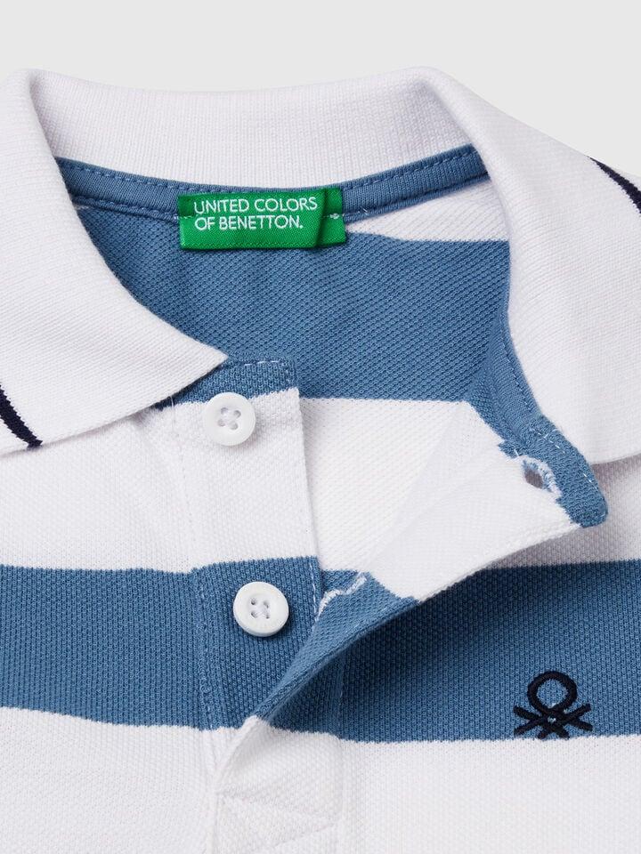 Benetton Striped Short Sleeve Polo Shirt Light Blue