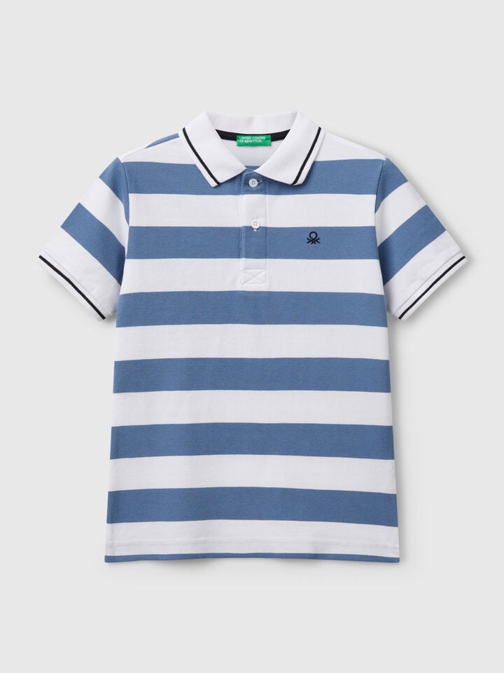 Benetton Striped Short Sleeve Polo Shirt Light Blue