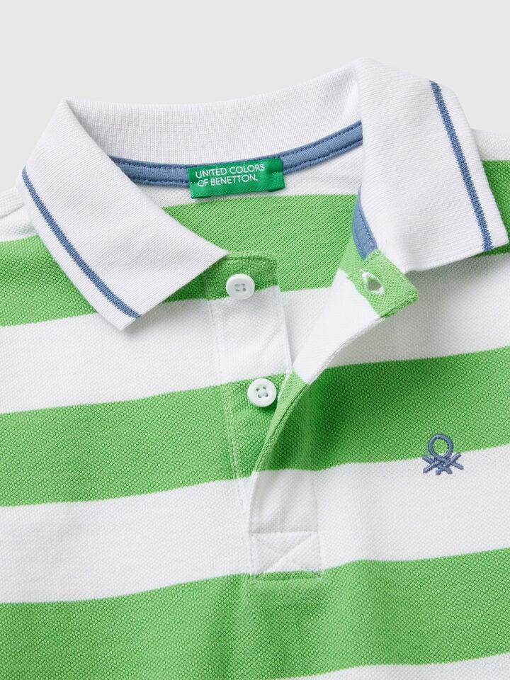 Benetton Striped Short Sleeve Polo Shirt Light Green