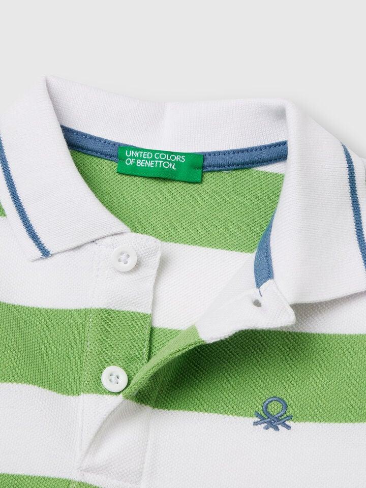 Benetton Striped Short Sleeve Polo Shirt Light Green