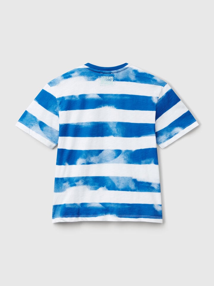 Benetton Striped T-shirt With Print On Front And Back Blue