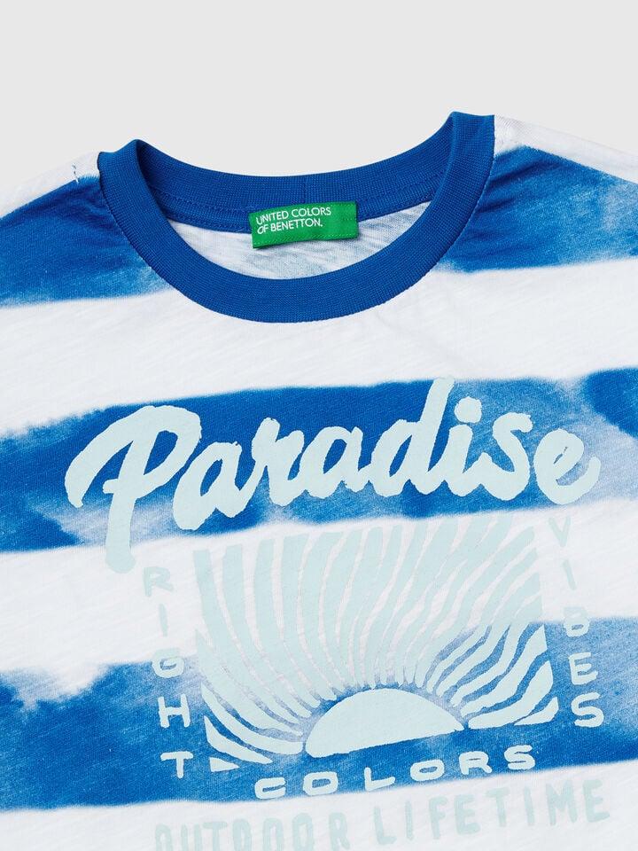 Benetton Striped T-shirt With Print On Front And Back Blue