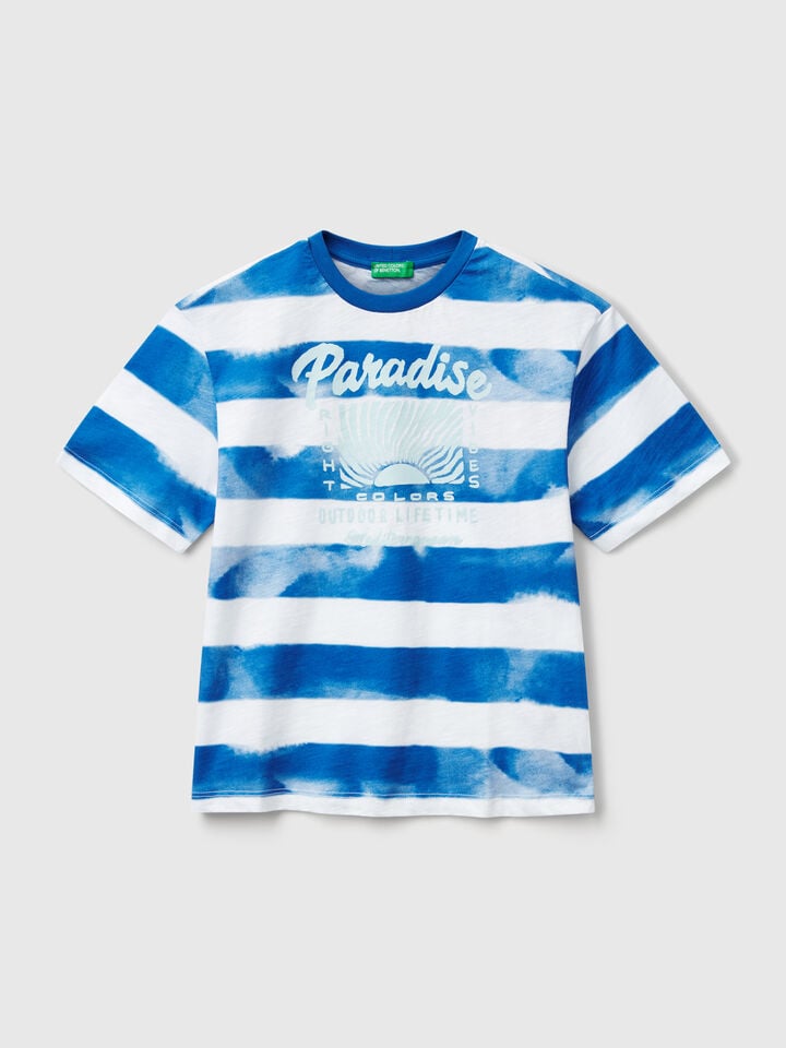 Benetton Striped T-shirt With Print On Front And Back Blue